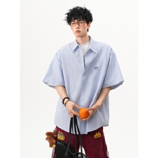 美式多巴胺笑脸条纹短袖衬衫男女夏季2026年新款百搭情侣衬衫外套