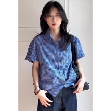 批发美式vintage蓝色格子短袖<b class='q'>衬衫女</b>夏季宽松高级感气质复古百搭衬衣