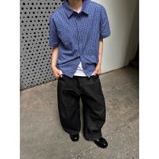 批发皇家蓝格纹抽绳短袖衬衫夏季2026百搭boxy短宽版型男女上衣miu系