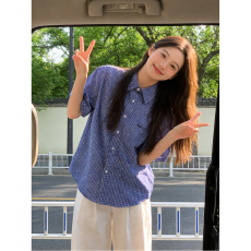 批发美式学院风复古高街格子短袖衬衫男女潮牌小众设计感百搭宽松<b class='q'>外套</b>