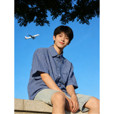 批发美式复古蓝色格子衬衫短袖男款夏季学生学院风少年感宽松格纹衬衣