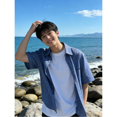 批发美式休闲格纹短袖衬衫男夏季宽松复古百搭格子海边穿搭衬衣上衣潮