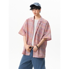 批发美式格纹泡泡纱短袖T恤衬衫男女夏季薄款设计感半袖宽松衬衣<b class='q'>外套</b>