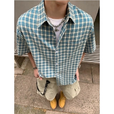 批发美式复古格子<b class='q'>衬衫</b>男短袖夏季新款休闲潮流<b class='q'>衬衣</b>男高级潮牌痞帅外套