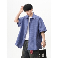 批发<b class='q'>日系</b><b class='q'>复古</b>蓝格子短袖衬衫男女夏季cityboy百搭衬衣宽松情侣t恤外套