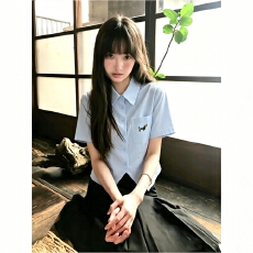 批发韩系学院风腊肠狗口袋翻领上衣夏季小个子短款收腰尖角短袖衬衫