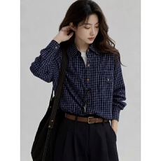 批发藏蓝色格子打底衬衫女秋冬新款早春<b class='q'>休闲</b>百搭衬衣叠穿内搭显瘦上衣