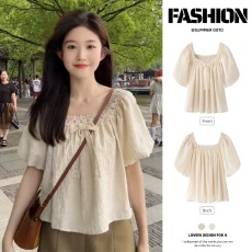 批发孕妈法式蕾丝雪纺衫<b class='q'>夏</b>季高级感显瘦泡泡袖短款上衣小众设计感