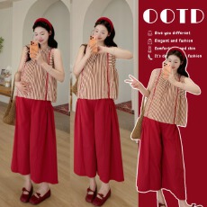 批发多巴胺夏季背心长裤套装<b class='q'>衬衫</b>上衣+九分阔腿裤<b class='q'>孕妇</b><b class='q'>套装</b>休闲显瘦