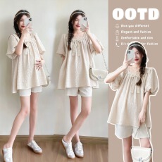 批发现 孕妈法式蕾丝雪纺衫<b class='q'>夏</b>季高级感显瘦泡泡袖短款上衣小众设计感