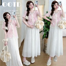 批发4.9大货 孕妇少女感拼接<b class='q'>蕾丝</b>花边别致小衫短袖上衣百褶雪纺半身裙