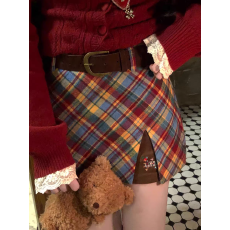 批发少女感复古彩虹格纹开叉A<b class='q'>字</b><b class='q'>半身裙</b>收腰显瘦设计感短<b class='q'>裙</b>2025冬新款