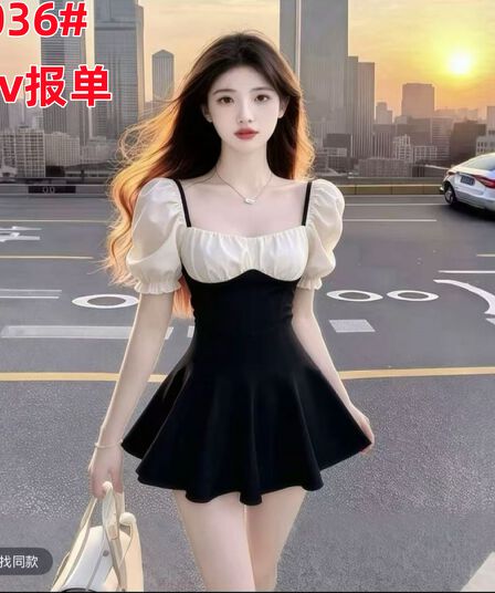 빅 사이즈 지방 mm 프랑스식 고유 한 품격 연령 감소 여성 드레스 여름 새로운 거품 소매 다용도 꼬집기 허리 A라인 스커트
