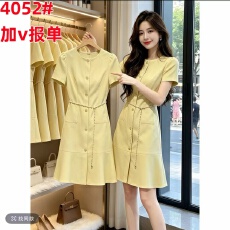 批发法式高级感夏季宽松显瘦黄色短袖收腰连衣裙大码胖妹妹小个子韩系