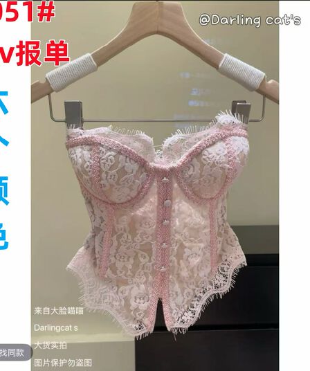 순수한 욕망 바람 핑크색 레이스 원피스 가슴 패드 작은 슬링 여성 여름 쇼트 스타일 요추 배 슬림해 보이는 아름다운 조끼 트렌디
