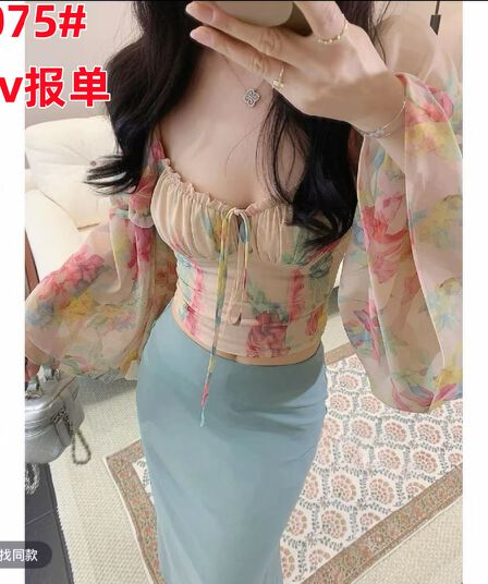 프랑스식 레트로 전원 바람 보트넥 나팔 소매 쉬폰 블라우스 조기 가을 새로운 고유 한 이리저리 떠다니다 번쩍였다 조각 맨위 여성
