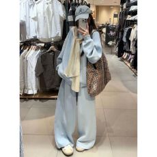 批发休闲时尚运动服套装女秋冬季韩系慵懒风宽松圆领卫衣阔腿裤两件套