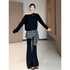 批发韩系穿搭运动套装女秋季<b class='q'>宽松</b>一字肩长袖卫衣时尚格子阔腿<b class='q'>裤</b><b class='q'>两件套</b>