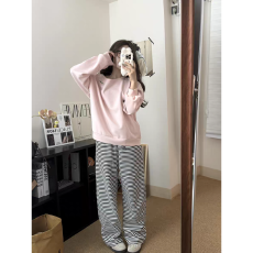 休闲运动套装女秋冬慵懒宽松露肩长袖卫衣条纹拖地长裤减龄两件套