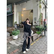 批发美拉德休闲运动<b class='q'>套装</b><b class='q'>女</b>秋季复古宽松斜肩<b class='q'>卫衣</b>时尚直筒喇叭裤<b class='q'>两件</b>套