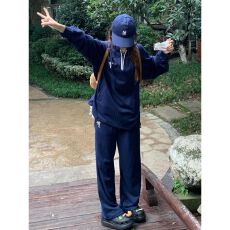 韩系休闲运动套装女秋季校园风宽松绿色拉链卫衣阔腿裤跑步两件套