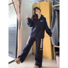 批发韩系条纹运动休闲双拉链连帽<b class='q'>开衫</b><b class='q'>卫衣</b>套装女秋冬款宽松时尚两件套