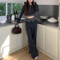 批发高级感时尚运动套装女秋季显瘦短款<b class='q'>西装外套</b>格纹阔腿裤休闲两件套