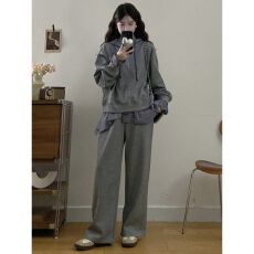 批发秋装穿搭一整套胖mm法式独特慵懒风拼接卫衣时尚休闲运动两件套装