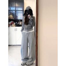 批发韩系条纹连帽卫衣女秋季修身短款拉链外套休闲慵懒风阔腿<b class='q'>裤</b><b class='q'>两件套</b>