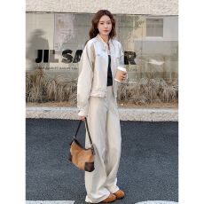 批发美式复古穿搭运动套装女春秋长袖<b class='q'>外套</b>夹克上衣阔腿长裤<b class='q'>休闲</b>两件套