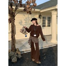 批发时尚套装女秋季洋气宽松显瘦假两件斜肩卫衣拼接格子微喇裤两件套