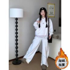 批发美式高街休闲运动服套装女秋<b class='q'>冬</b>韩系加绒加厚连帽卫衣阔腿裤两件套