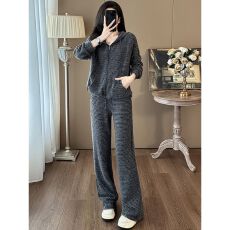 秋冬休闲运动套装女条纹连帽卫衣显瘦韩版慵懒风开衫阔腿裤两件套