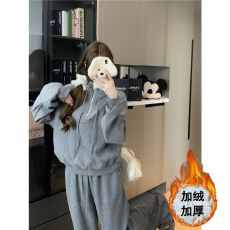批发韩系立领卫衣<b class='q'>套装</b>女冬季加绒加厚学生宽松<b class='q'>韩版</b>跑步运动<b class='q'>休闲</b>两件套