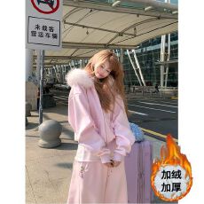 批发休闲<b class='q'>套装</b>大毛领连帽加绒<b class='q'>卫衣</b>外套<b class='q'>女</b>冬季松紧腰阔腿裤<b class='q'>休闲</b>裤两件套