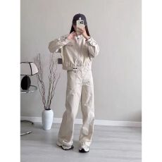 批发美式复古工装套装女秋季长袖短<b class='q'>外套</b>夹克上衣宽松休闲阔腿裤两件套