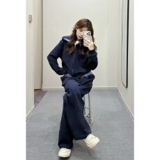 批发复古运动风套装女秋季撞色格子拼接连帽<b class='q'>卫衣</b>外套高腰卫裤两件套