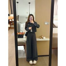 高级感洋气时尚休闲套装女秋季条纹拼接短款夹克外套阔腿裤两件套