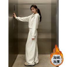 批发<b class='q'>时尚</b>极简风运动服套装女秋冬季加绒加厚拉链开衫高腰阔腿裤两件套