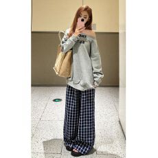 批发美式辣妹斜肩休闲运动套装女早秋新款宽松慵懒风设计感时尚两件套