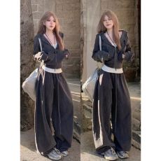 批发美式炸街运动服套装女秋冬季宽松时尚高级感卫衣阔腿裤休闲两件套