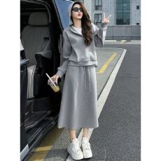 批发韩系休闲运动服套装少<b class='q'>女</b>秋冬时尚简约V领连帽<b class='q'>卫衣</b>半身长裙<b class='q'>两件</b>套