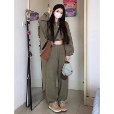 批发美式复古<b class='q'>运动服</b>套装女春秋时尚炸街芥末绿拉链翻领显高显瘦两件套