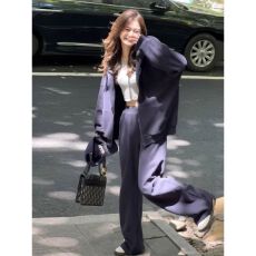 批发慵懒外套秋季时尚新款韩版设计感运动藏青色宽松连帽卫衣套装