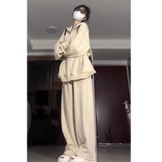 批发网红盐系休闲<b class='q'>运动服</b>套装女春秋学生港味复古杏色卫衣阔腿裤两件套