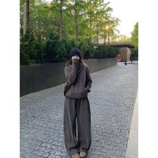 批发<b class='q'>韩版</b>运动套装灰色连帽卫衣外套上衣女春秋高腰阔腿裤<b class='q'>休闲裤</b>两件套