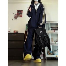 国潮嘻哈休闲运动服套装女秋季美式黑色宽松大码卫衣阔腿裤两件套