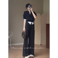 批发韩系休闲时尚套装<b class='q'>秋</b>季设计感小v领灰色长袖上衣阔腿裤两件套女装