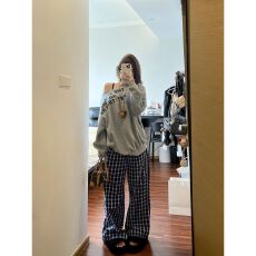 批发美式卫衣运动<b class='q'>套装</b>女秋季韩版宽松格子阔腿裤休闲两件套网红时尚潮