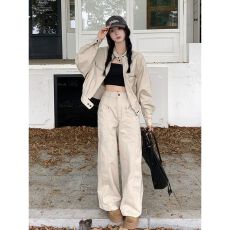 批发高级感时尚运动套装女秋季宽松显瘦工装夹克外套阔腿裤休闲两件套